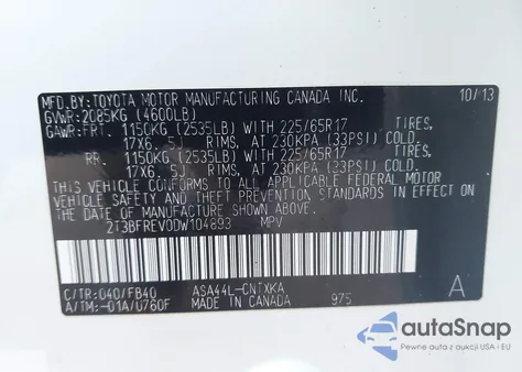 2013 Toyota Rav4 Le from USA, damaged, VIN 2T3BFREV0DW104893